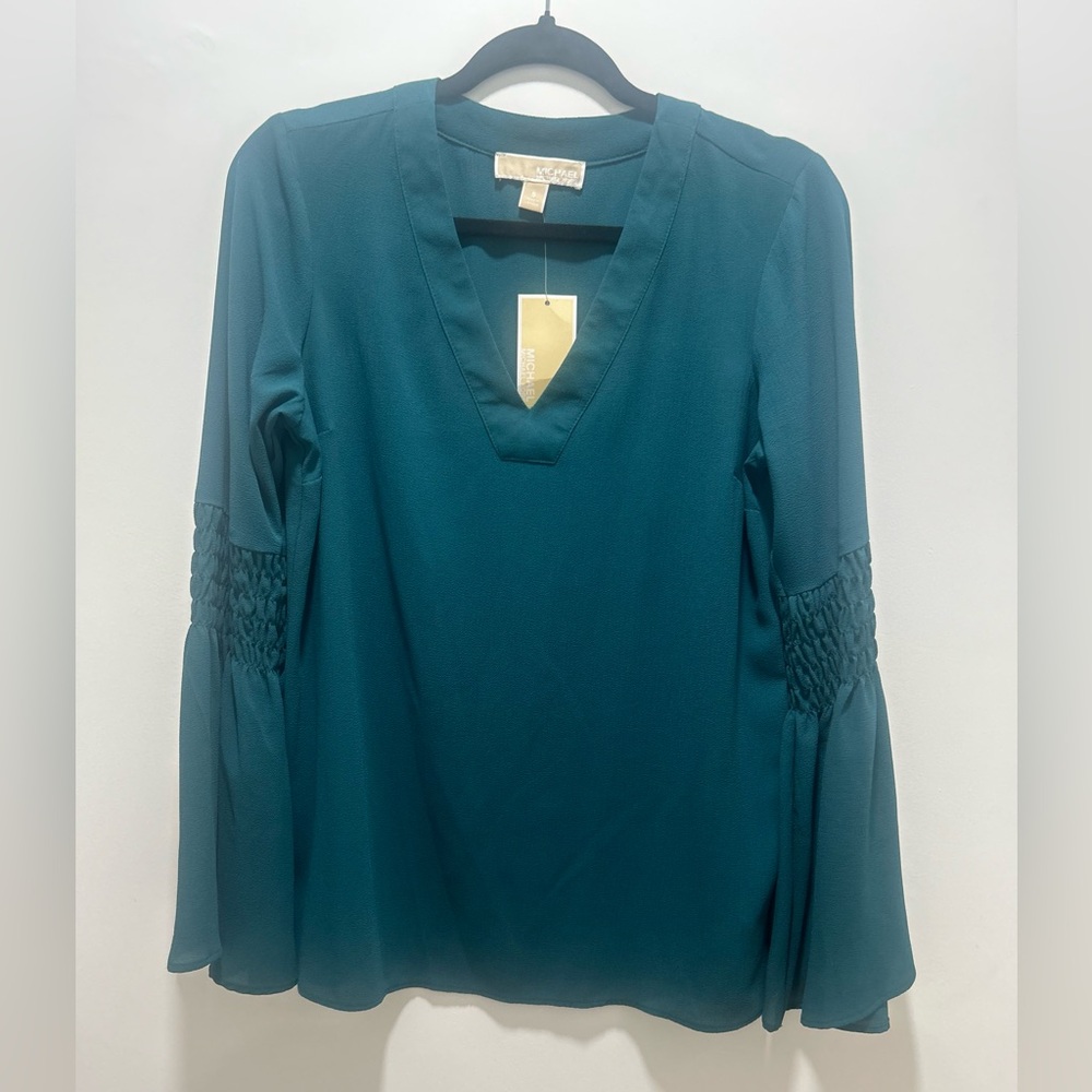 Michael Kors bell sleeve V neck blouse Blue Green Blouse Size Small New with Tag